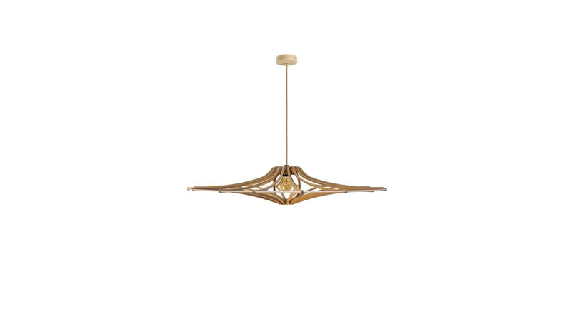 Suspension contemporaine Singing M, bois brut, élastique blanc, finition lin & bois