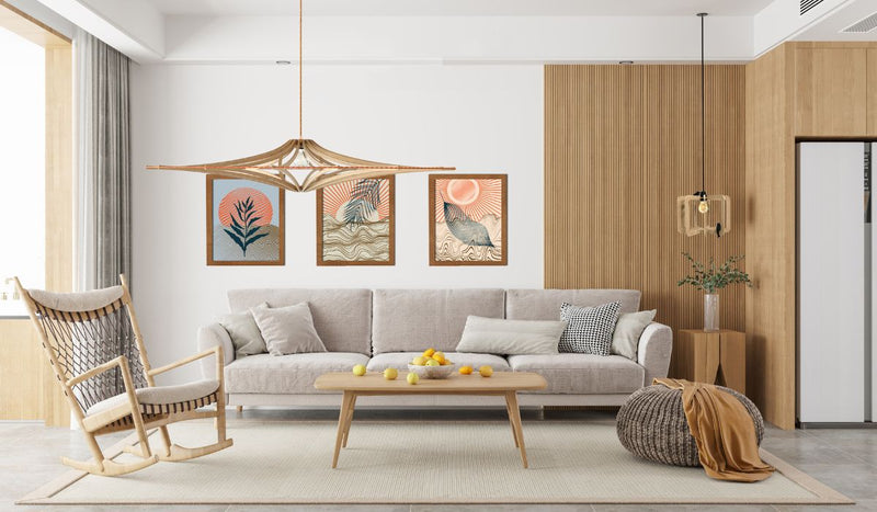 Suspension contemporaine Singing XL, bois brut, élastique cuivré, finition cuivrée