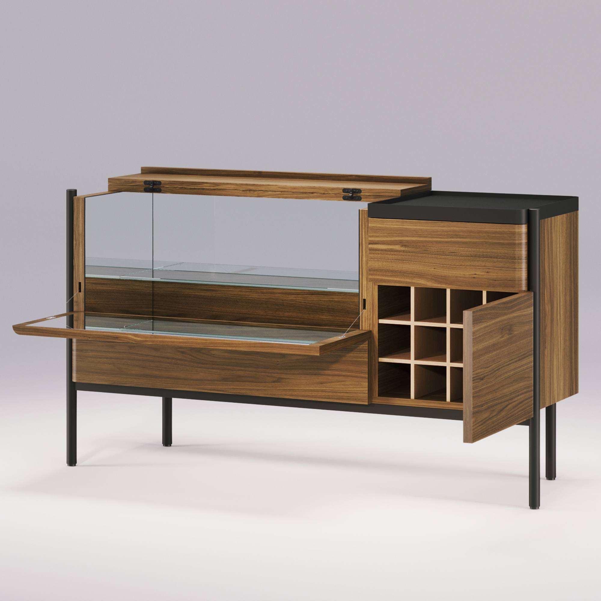 Buffet en bois massif Mey de Wewood, vue en angle ouvert sur fond gris, avec vitrine relevée et compartiment bar visible.
