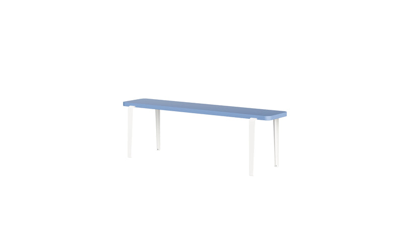 Banc Lou, 140 cm, bois teinté bleu et acier blanc