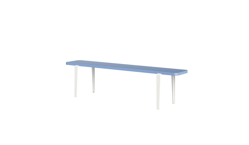 Banc Lou, 170 cm, bois teinté bleu et acier blanc