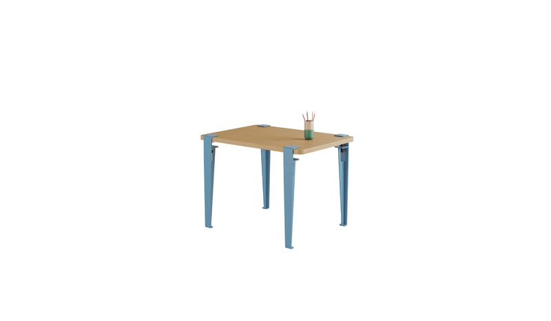Bureau enfant, plateau en bois, pieds en acier bleu baleine