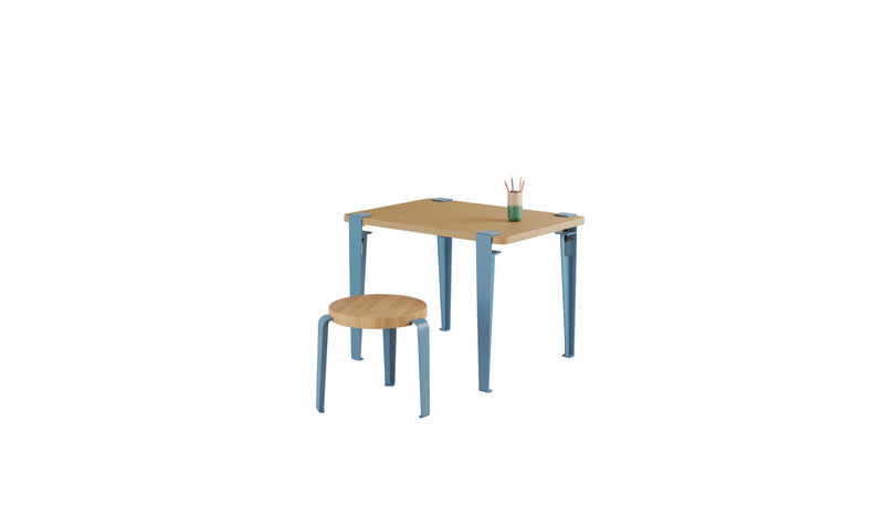 Bureau enfant, plateau en bois, pieds en acier bleu baleine