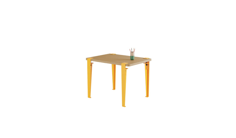 Bureau enfant, plateau en bois, pieds en acier jaune soleil