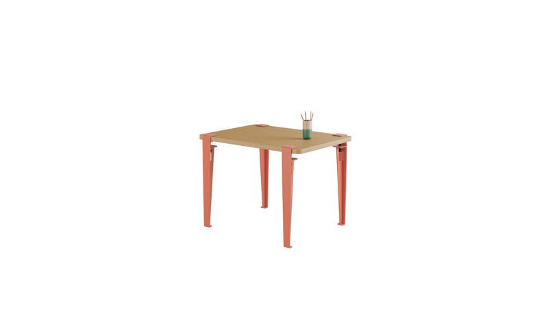 Bureau enfant, plateau en bois, pieds en acier rose flamant