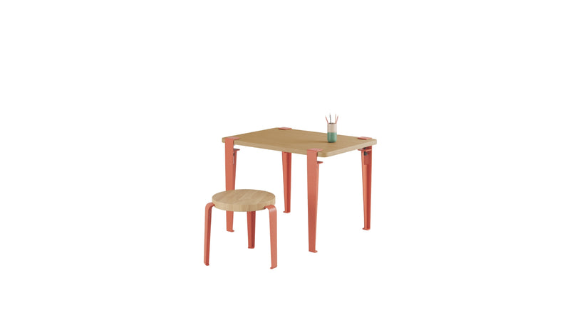 Bureau enfant, plateau en bois, pieds en acier rose flamant