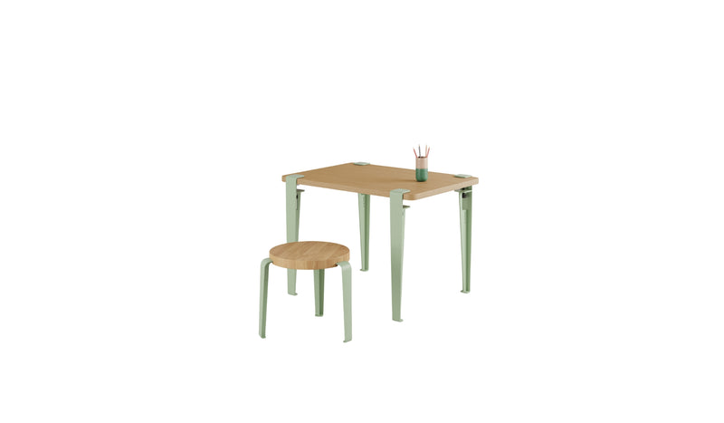 Bureau enfant, plateau en bois, pieds en acier vert Dino