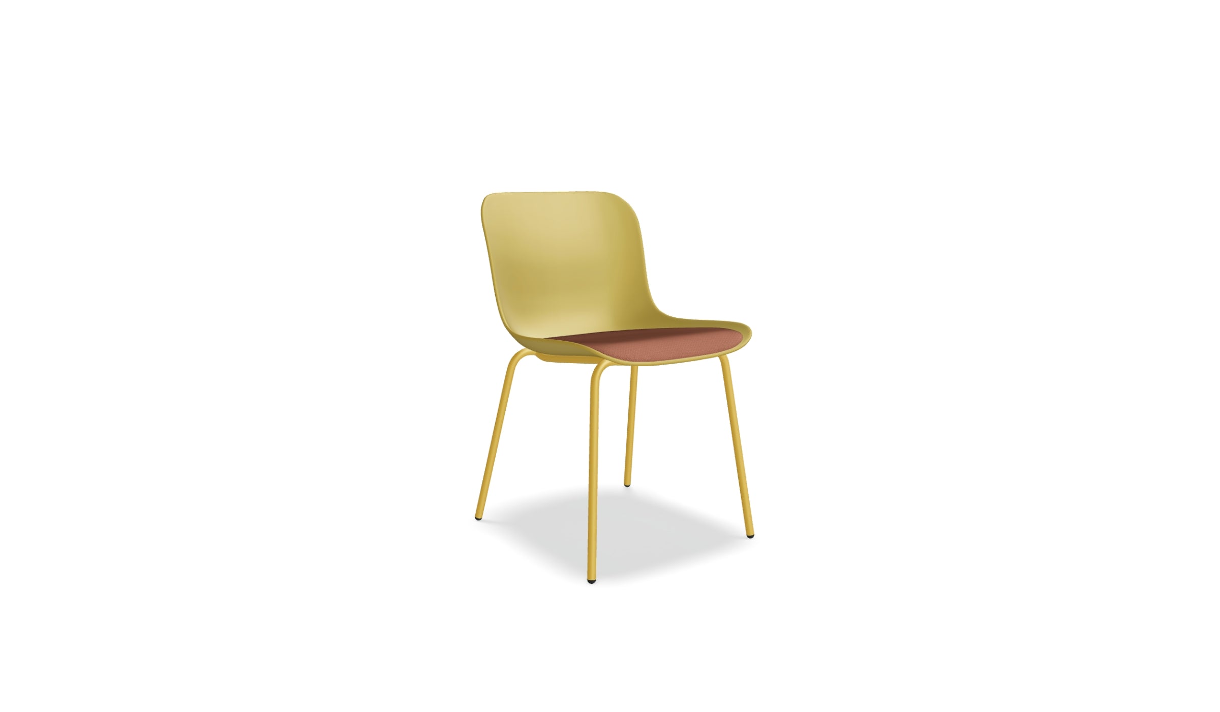 Chaise Baltic 2 Remix, MDD, assise en plastique jaune avec coussin tissu rouge, vue entière trois-quarts sur fond blanc