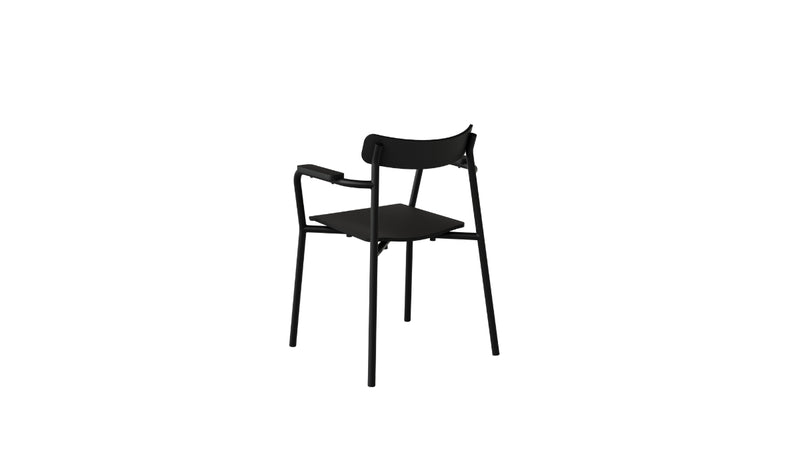 Chaise avec accoudoirs, assise et dossier en frêne noir, structure métallique noire, vue arrière