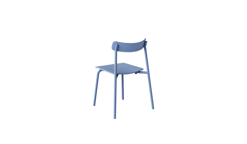 Chaise sans accoudoirs, assise et dossier en frêne bleu, structure métallique bleue, vue arrière