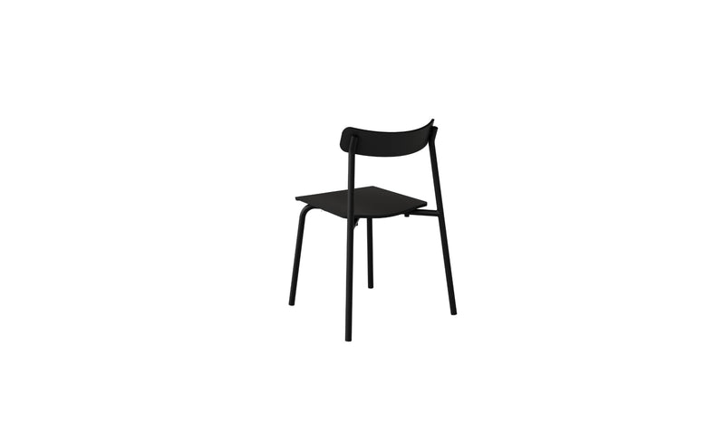 Chaise sans accoudoirs, assise et dossier en frêne noir, structure en métal noir, vue arrière.