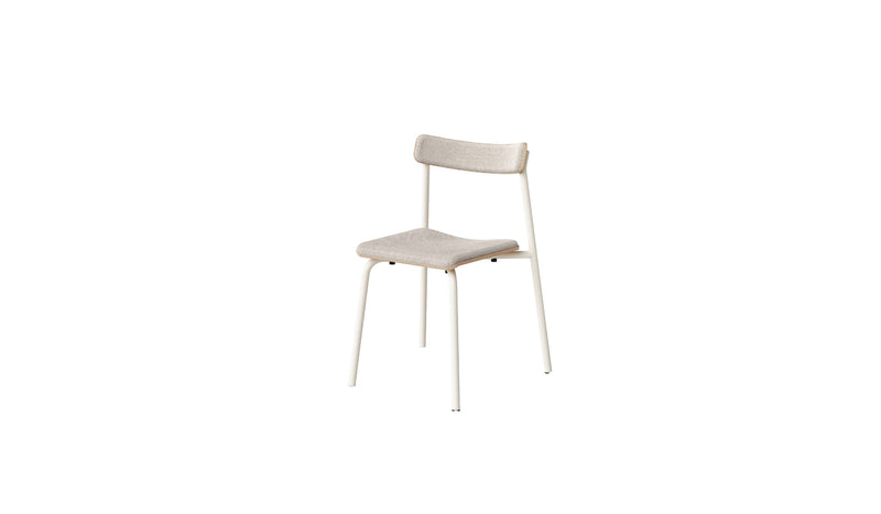 Chaise sans accoudoirs, assise en tissu beige, structure en métal blanc et éléments en bois, vue de face.