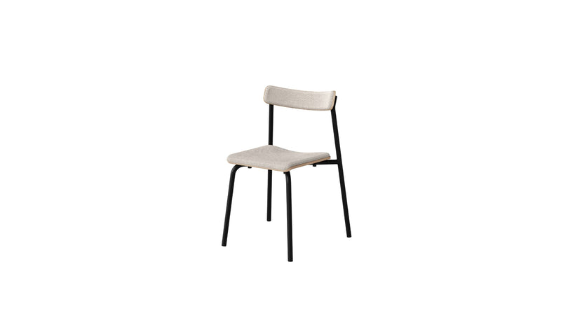 Chaise sans accoudoirs, assise en tissu beige, structure en métal noir et éléments en bois, vue de face.
