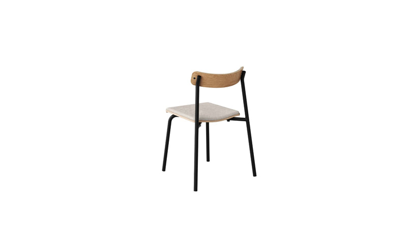 Chaise sans accoudoirs, assise en tissu beige, structure en métal noir et éléments en bois, vue arrière.