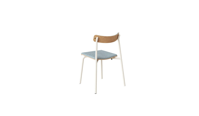 Chaise sans accoudoirs, assise en tissu bleu, structure en métal blanc et éléments en bois, vue arrière.