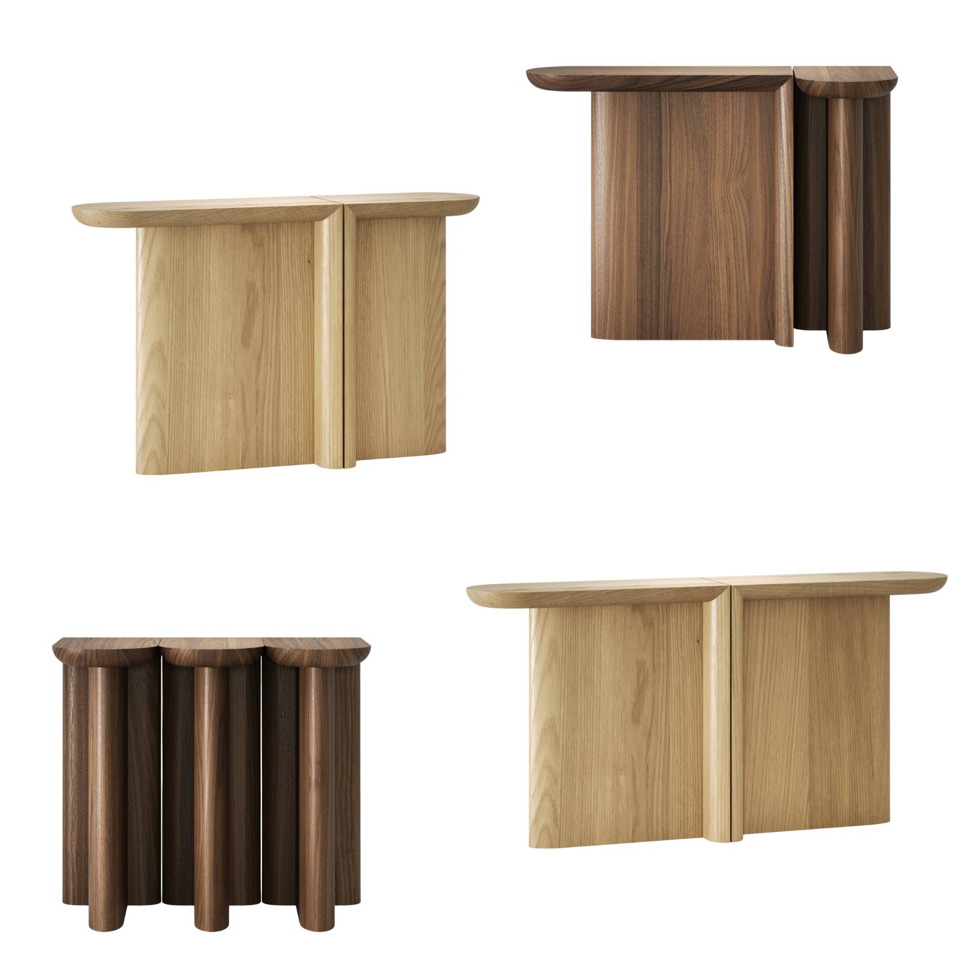 Console Re-Form Wewood en chêne et noyer massif, petits et grands formats côte à côte sur fond blanc