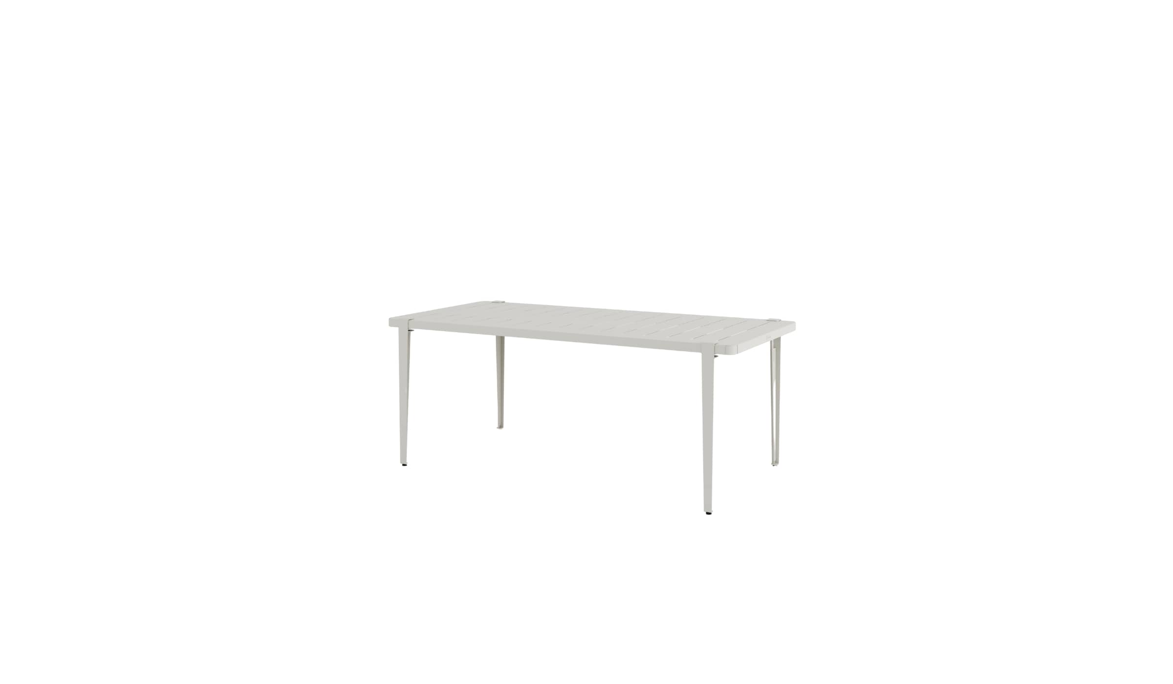 Table rectangulaire Tiptoe modèle Panorama en métal gris craie, 8 places, présentée sur fond blanc.