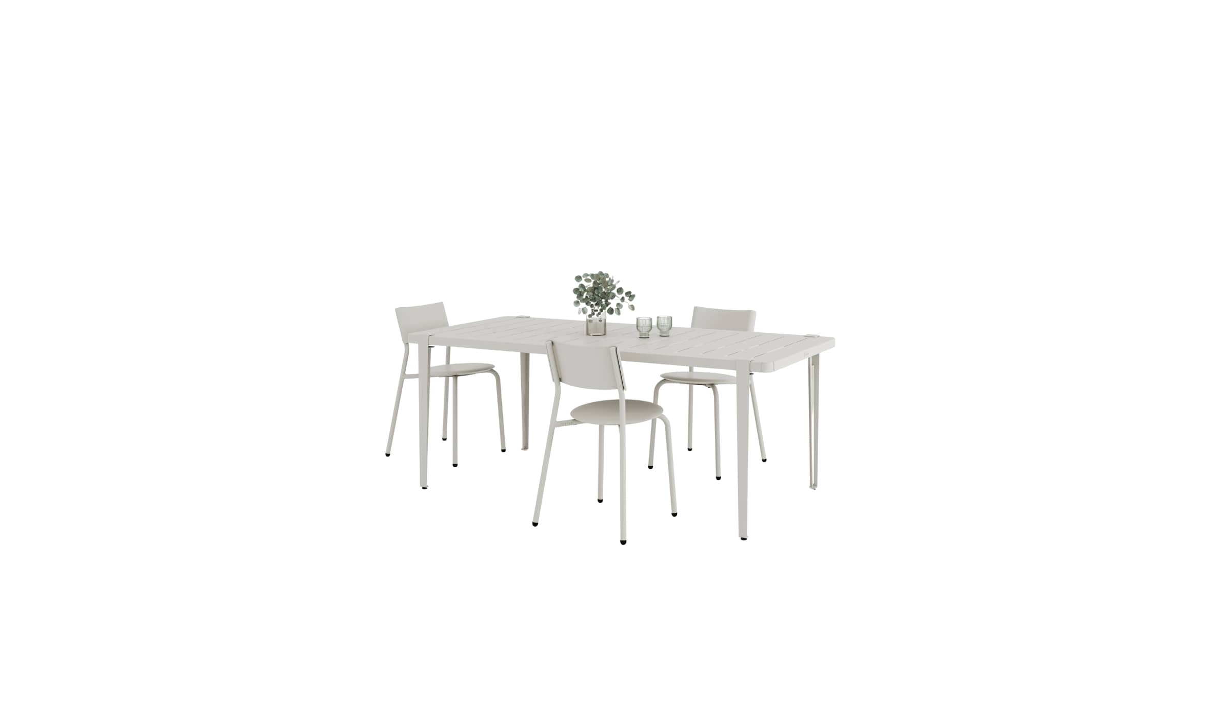 Ensemble de mobilier de jardin design, table rectangulaire et chaises en métal et plastique recyclé gris clair Tiptoe.
