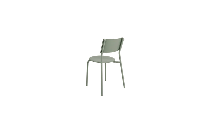 Chaise grise en plastique recyclé de Tiptoe, modèle SSD, avec une structure en métal léger et un design épuré sur fond blanc, vue arrière.