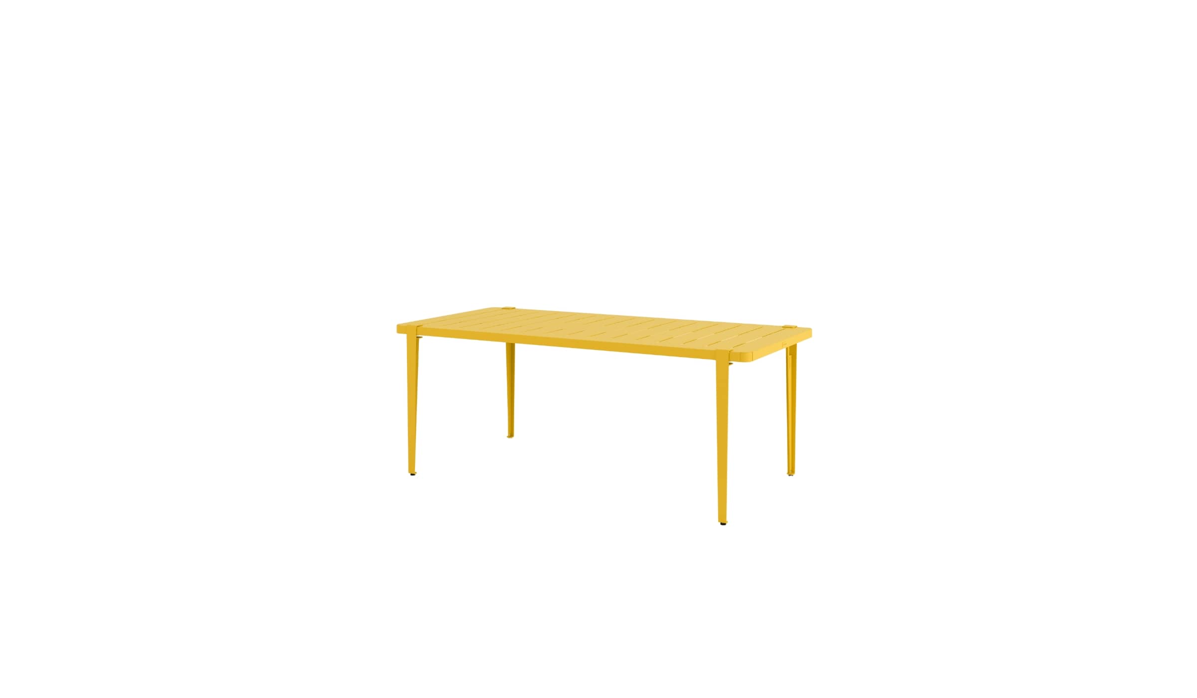 Table rectangulaire Tiptoe modèle Panorama en métal jaune soleil, 8 places, présentée sur fond blanc.