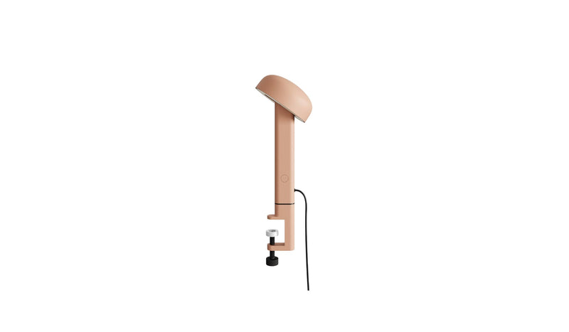Lampe à pince rose, Nod de Tiptoe, vue latérale, avec un bras fin et un abat-jour circulaire.