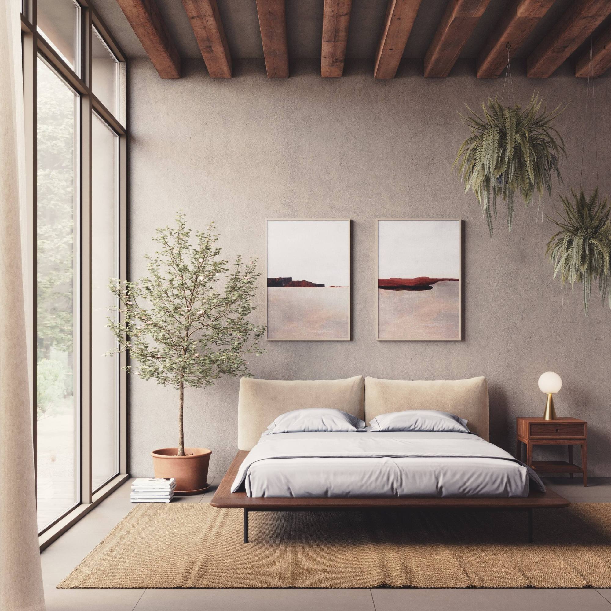 Lit Platform en noyer avec tête de lit tissu écru, table de chevet Criado-Mudo, chambre lumineuse au style naturel.