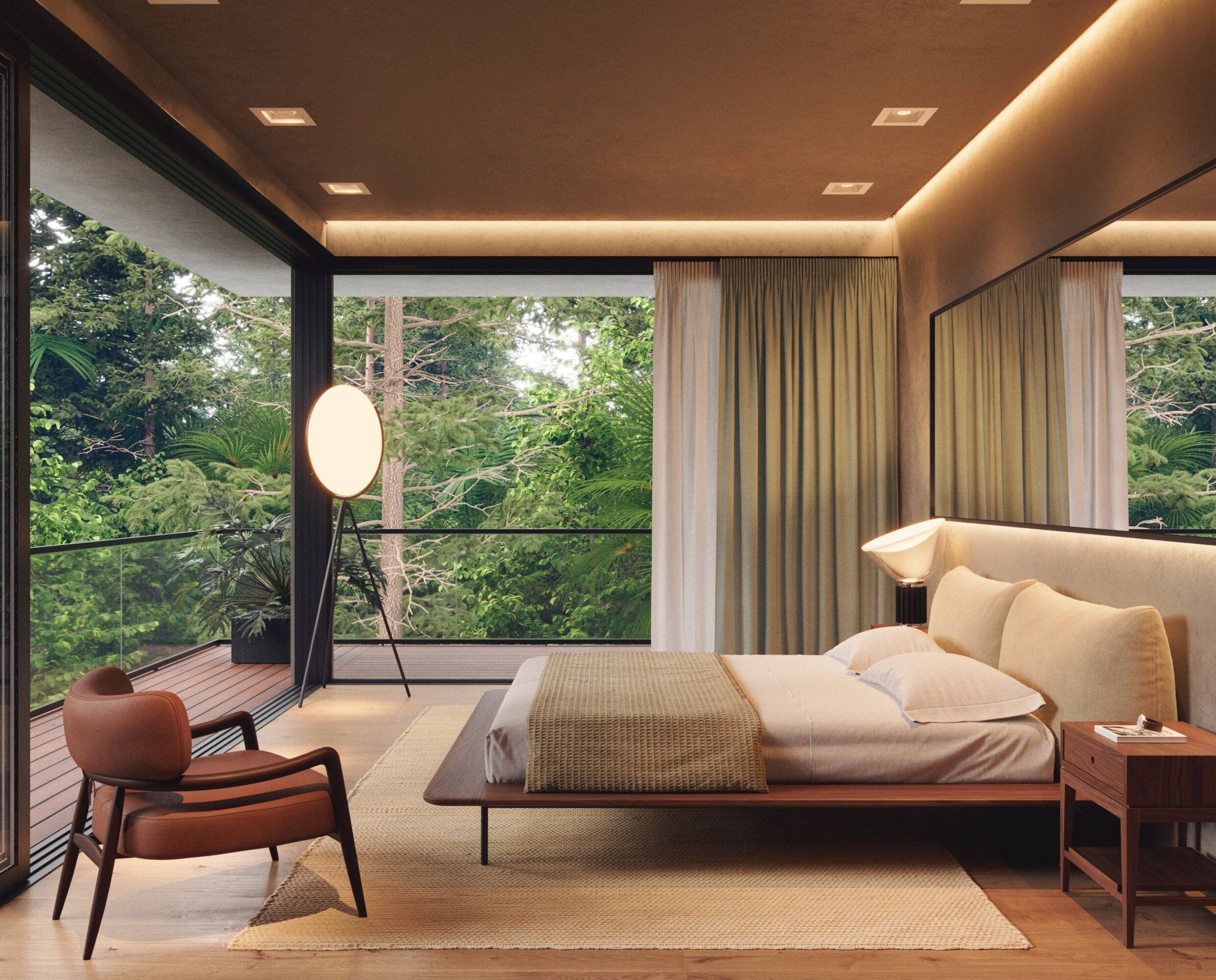 Chambre haut de gamme avec fauteuil cognac, lit en bois foncé et lumière naturelle entrant par de larges baies vitrées