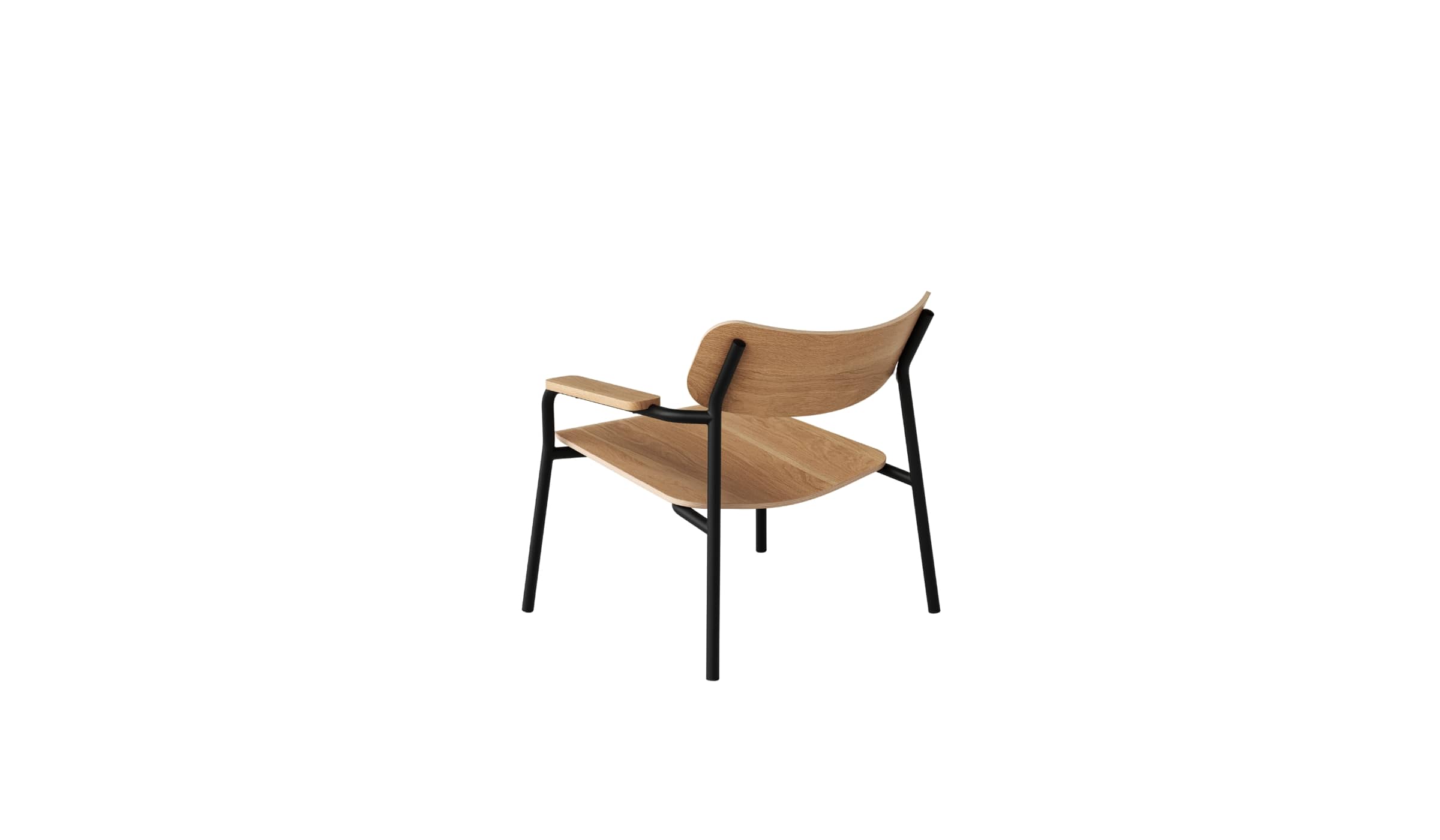 Fauteuil en bois naturel avec structure noire, présenté de trois-quarts arrière sur fond blanc.