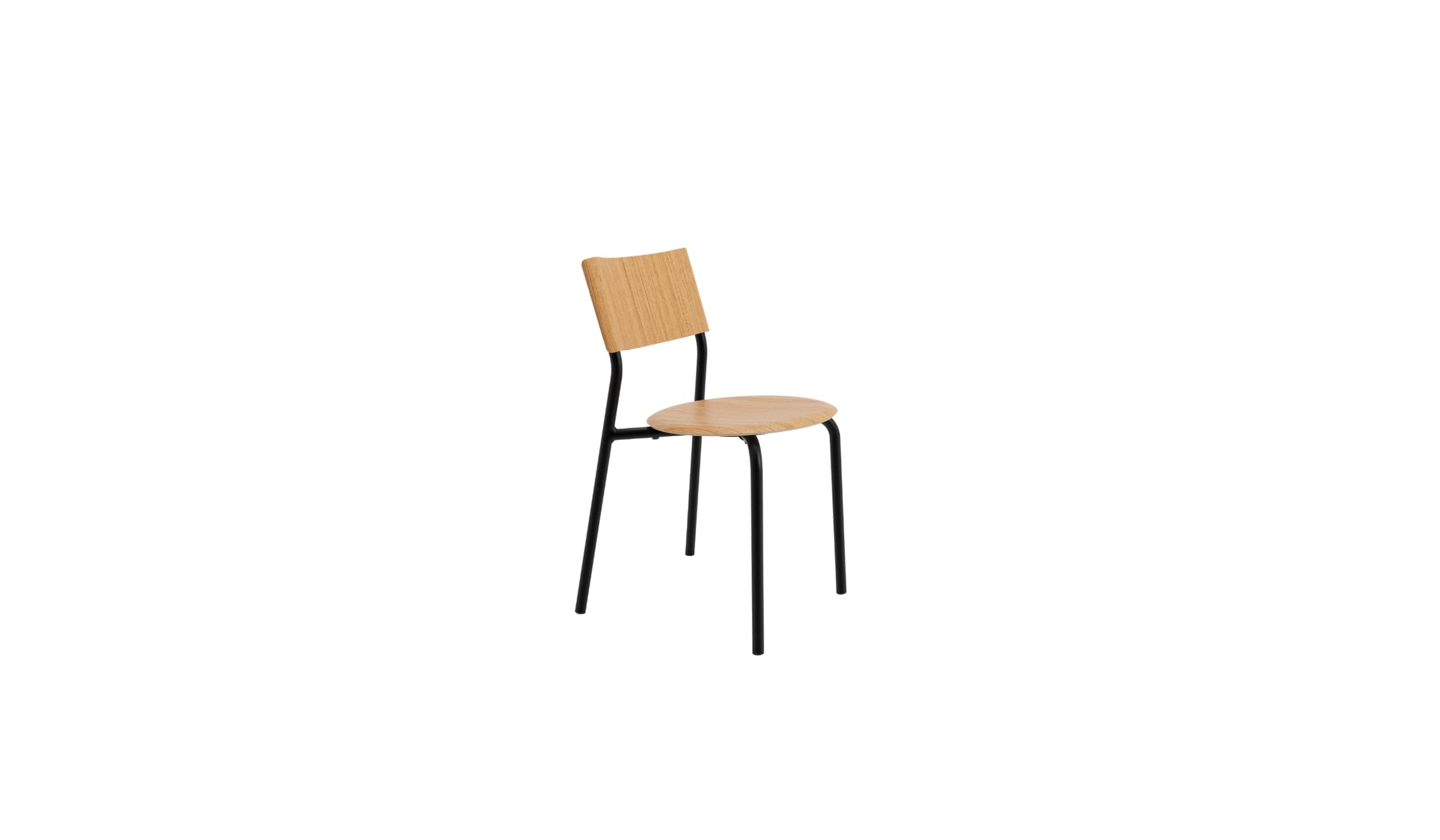 Chaise empilable en chêne et acier, modèle SSD de la marque Tiptoe, couleur noir, vue de côté avec un siège rond et un dossier simple sur fond blanc.
