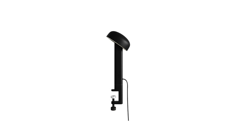 Lampe à pince noir, Nod de Tiptoe, vue latérale, avec un bras fin et un abat-jour circulaire.