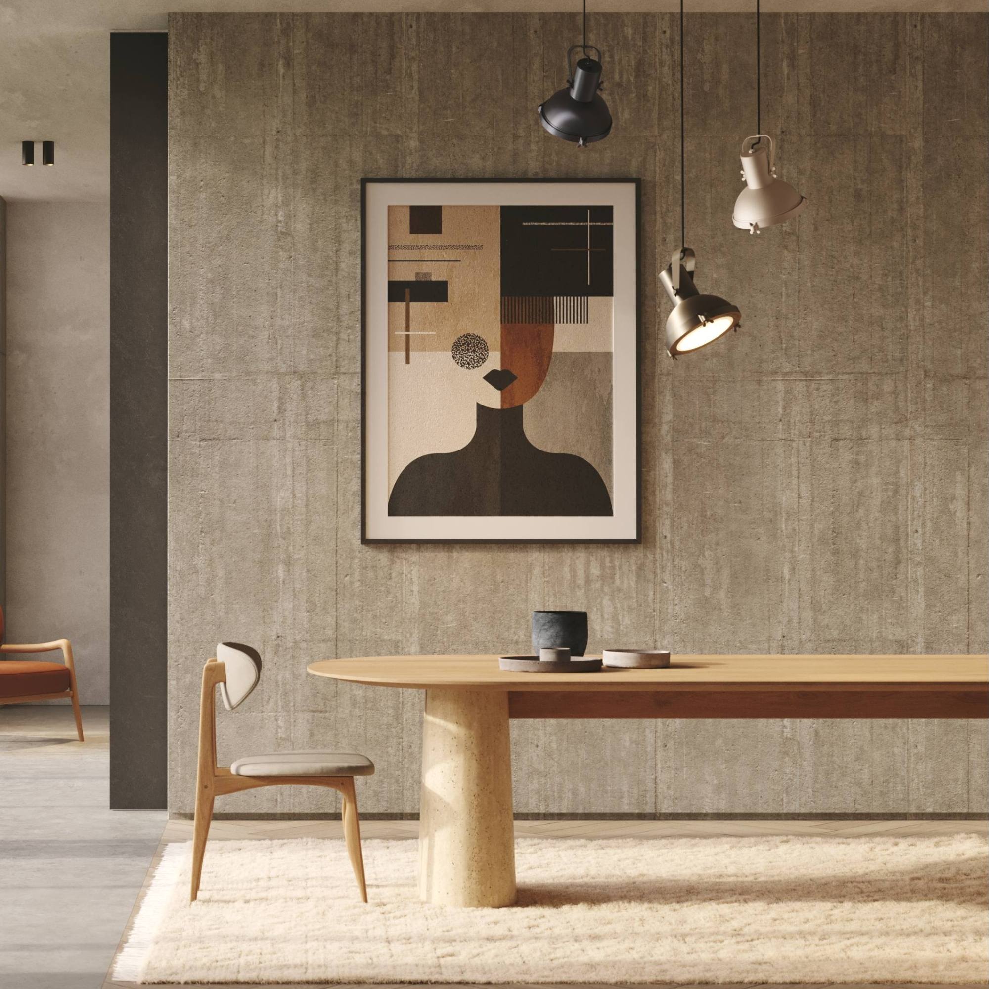 Table Anchor 300 cm en chêne et travertin, avec chaise Degas WeWood dans un intérieur en béton brut.