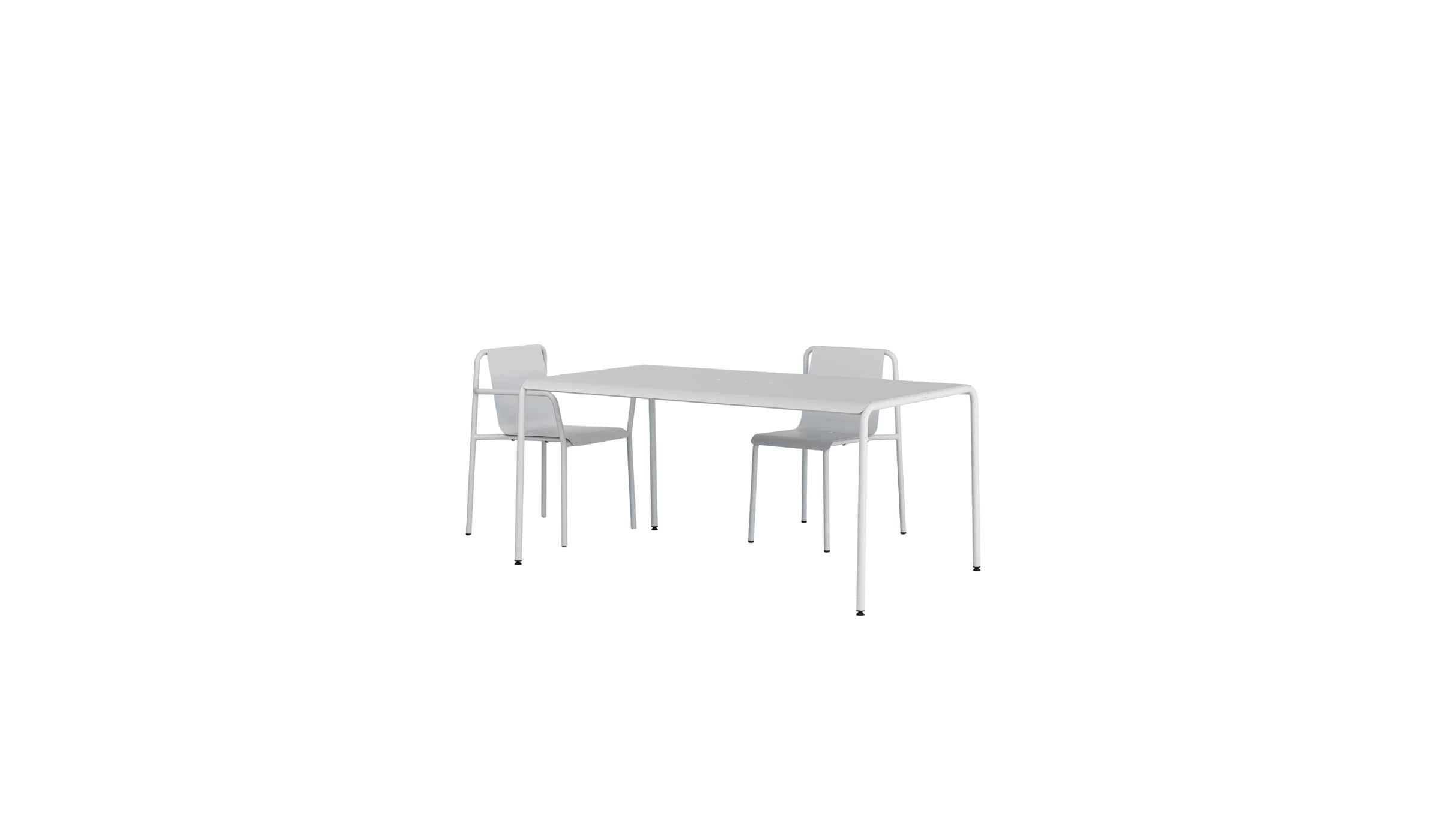 Ensemble de mobilier de jardin moderne, table rectangulaire et 2 chaises assorties en métal gris craie, mobilier extérieur élégant.