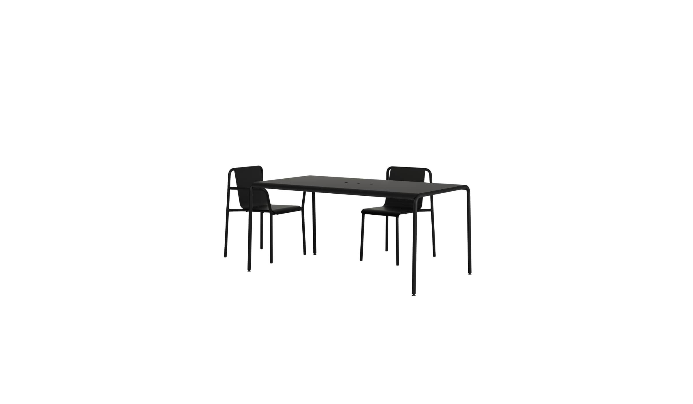 Ensemble de mobilier de jardin moderne, table rectangulaire et 2 chaises assorties en métal noir graphite, mobilier extérieur élégant.