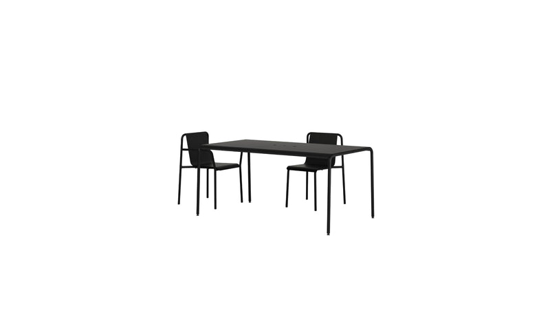 Ensemble de mobilier de jardin moderne, table rectangulaire et 2 chaises assorties en métal noir graphite, mobilier extérieur élégant.