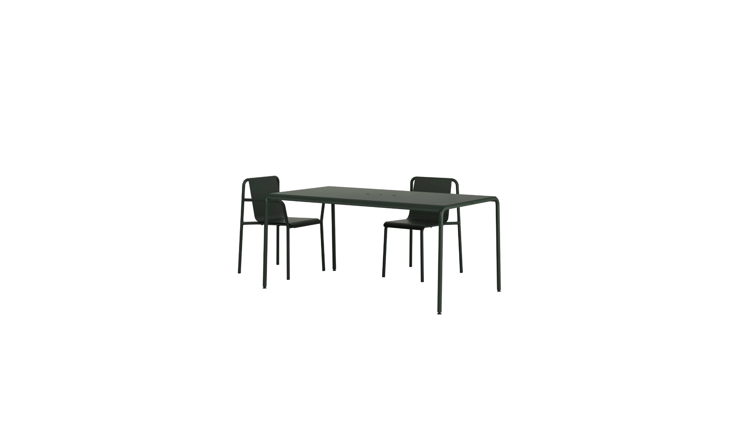 Ensemble de mobilier de jardin moderne, table rectangulaire et 2 chaises assorties en métal vert forêt, mobilier extérieur élégant.