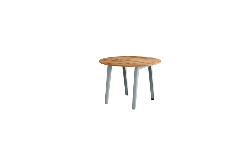 Table ronde New Modern, bois recyclé et acier bleu pâle