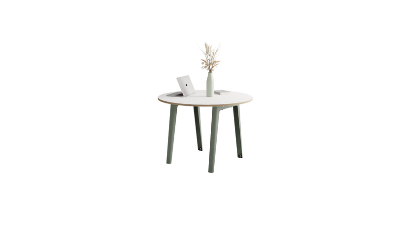 Table ronde New Modern, plateau stratifié blanc et acier gris eucalyptus