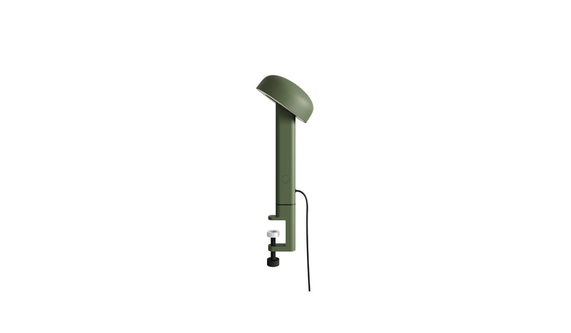 Lampe à pince vert, Nod de Tiptoe, vue latérale, avec un bras fin et un abat-jour circulaire.