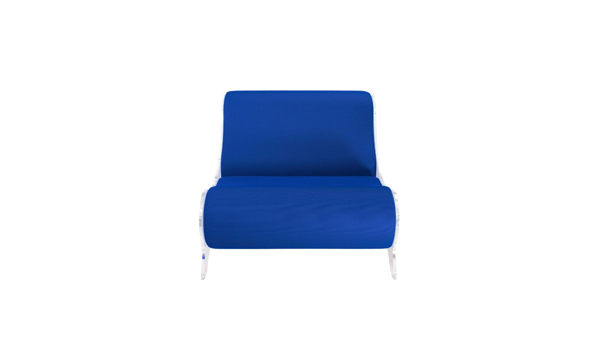 Kuumo minimalist armchair, blue-grey PMMA and blue fabric