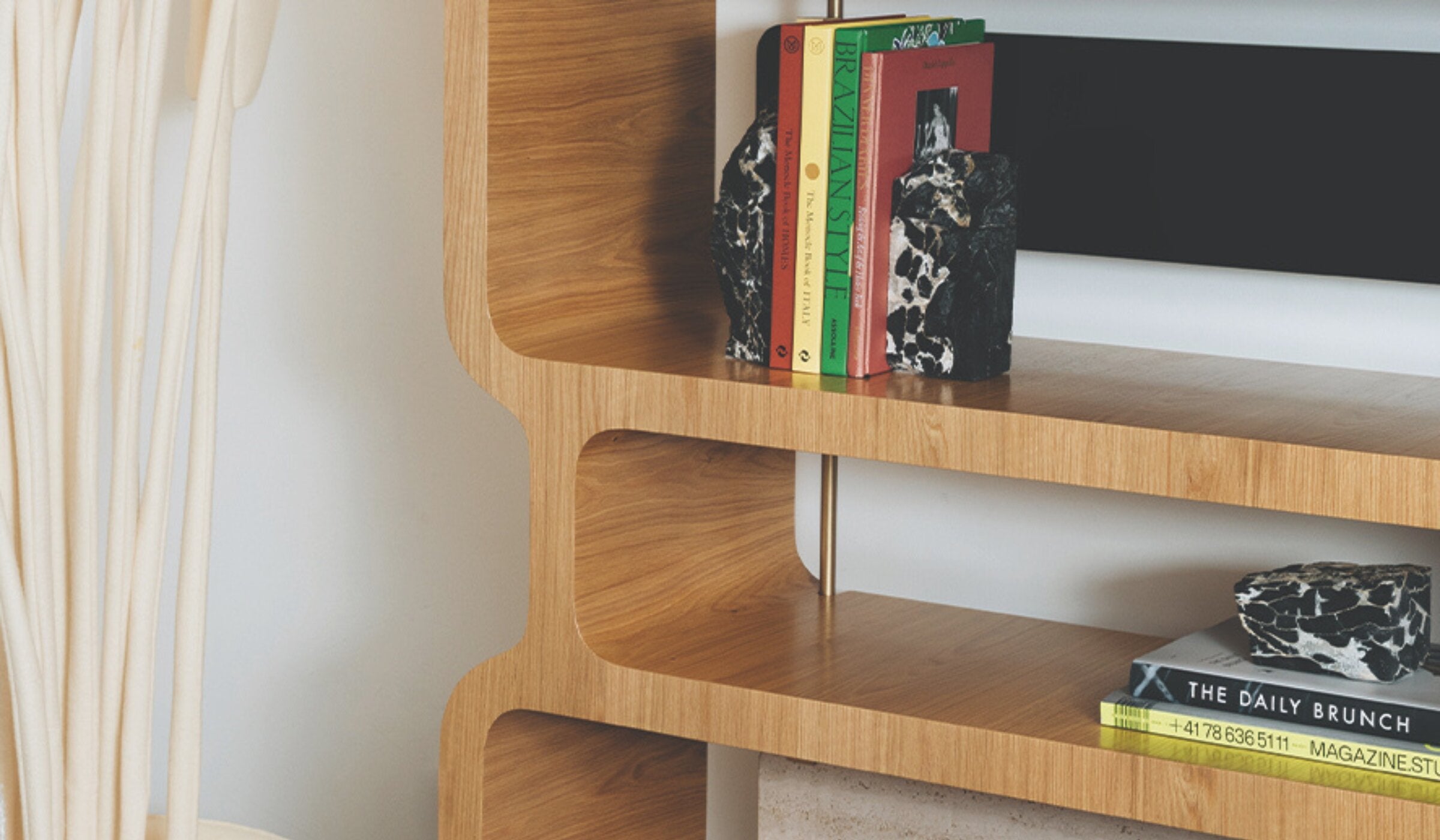 Copacabana designer bookcase in oak, travertine and lacquered wood