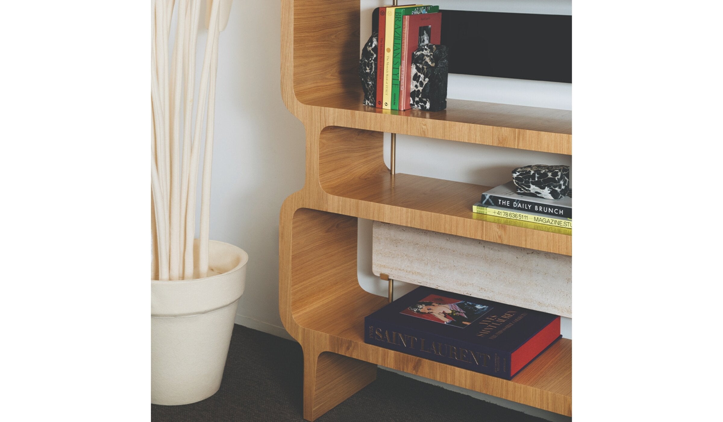 Copacabana designer bookcase in oak, travertine and lacquered wood