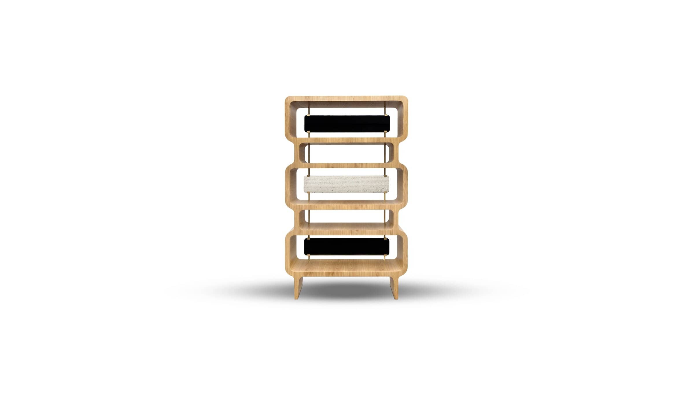 Copacabana designer bookcase in oak, travertine and lacquered wood