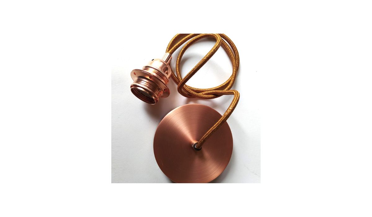 Singing - Pendant light, M ø90, raw, copper elastic, cable covered in copper cotton, copper metal rosette