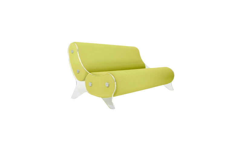 Kuumo minimalist sofa, transparent PMMA and yellow fabric