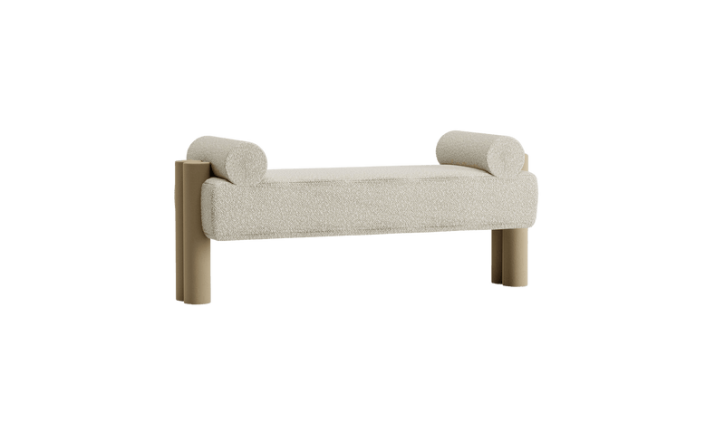 Banc rembourré Cassiopea, tissu bouclé beige et piétement en alcantara