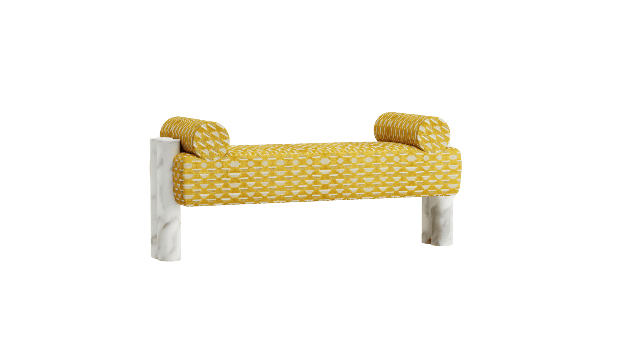 Cassiopea upholstered bench, luxury yellow fabric and Carrara marble base 