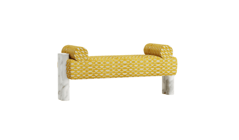 Banc rembourré Cassiopea, tissu de luxe jaune et piétement en marbre de Carrare