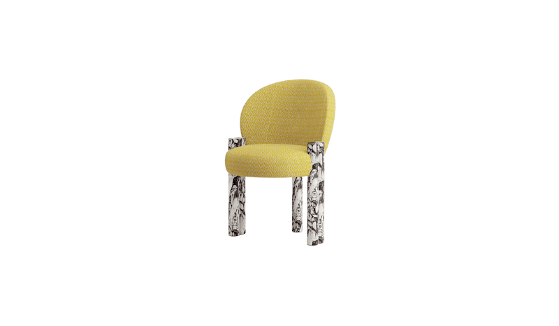 Chaise de luxe Cassiopea, en tissu jaune et marbre Calacatta viola