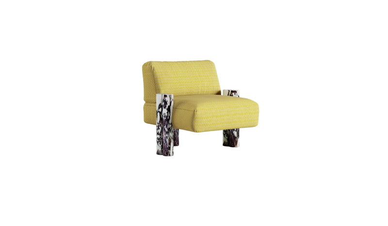 Cassiopea luxury armchair, in yellow fabric and Calacatta Viola marble 