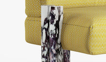 Cassiopea luxury armchair, in yellow fabric and Calacatta Viola marble 